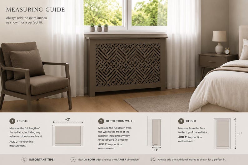 May include: A taupe radiator cover featuring a geometric lattice front panel. The image includes a measuring guide with text instructions for length, depth, and height, advising to add 2 inches to length and 1 inch to depth and height.