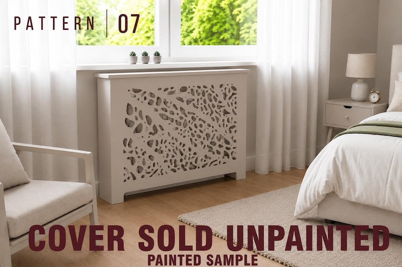May include: A white radiator cover featuring a decorative cutout pattern labeled PATTERN 07. The rectangular unit has a flat top surface and a front panel with organic, leaf-like perforations. The text COVER SOLD UNPAINTED PAINTED SAMPLE is visible.