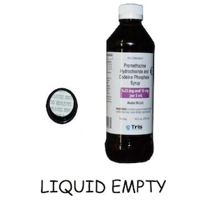 May include: A dark brown bottle of Promethazine Hydrochloride and Codeine Phosphate Syrup with a white label and cap. The label includes text indicating the dosage per 5 ml. A black cap is next to the bottle. The text "LIQUID EMPTY" is at the bottom.