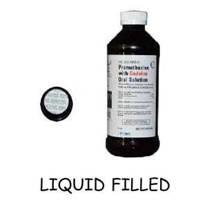 May include: A dark brown bottle of Promethazine with Codeine Oral Solution, with a white label and cap. The bottle is next to a black cap with a white seal. The text "LIQUID FILLED" is at the bottom.