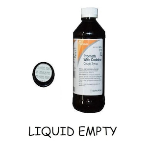 May include: A dark brown cough syrup bottle with a white cap and a label that reads "Prometh With Codeine Cough Syrup." The bottle is next to a black cap with a white seal. The text "LIQUID EMPTY" is at the bottom.