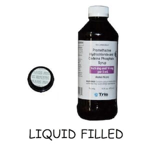May include: A dark brown bottle of Promethazine Hydrochloride and Codeine Phosphate Syrup with a white cap and a separate black cap. The label includes text and measurements. The words "LIQUID FILLED" are at the bottom.