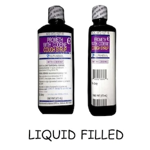 May include: Two black bottles of Prometh with Codeine Cough Syrup, each labeled with purple and white text. The bottles are one pint (473 mL) and have a tamper-evident seal. The text "Liquid Filled" is at the bottom.