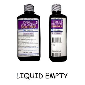 May include: Two black bottles of cough syrup with purple and white labels. The labels read "PROMETH WITH CODEINE COUGH SYRUP" and "ONE PINT (473 mL)". The text "LIQUID EMPTY" is at the bottom.