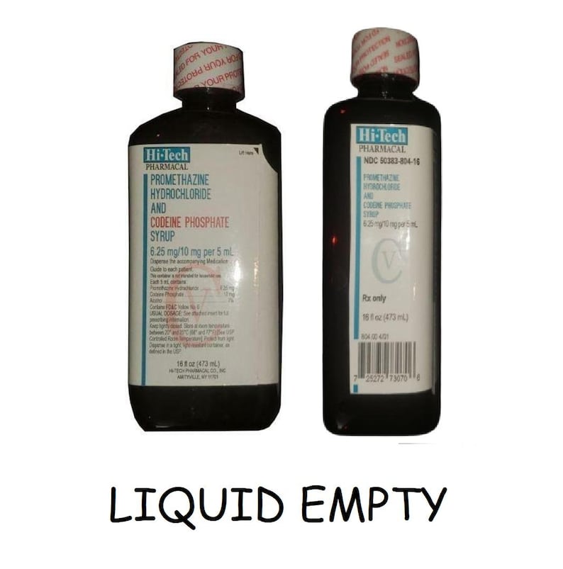 May include: Two dark brown pharmaceutical bottles with white labels. The labels read "Promethazine Hydrochloride and Codeine Phosphate Syrup." Each bottle is 16 fl oz (473 ml). The text "LIQUID EMPTY" is at the bottom.