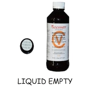 May include: A dark brown bottle of Wockhardt Promethazine with Codeine Cough Syrup, with a white label and a white cap. The bottle is next to a black cap. The text "LIQUID EMPTY" is at the bottom.