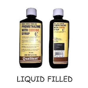 May include: Two dark brown bottles of Promethazine with Codeine Syrup, each with a white cap and a yellow label. The labels include text and measurements of one pint (473 mL). The text "LIQUID FILLED" is at the bottom.
