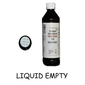 May include: A dark brown medicine bottle with a white cap and a black cap with a seal. The label reads "Promethazine Hydrochloride and Codeine Phosphate Syrup". The text "LIQUID EMPTY" is at the bottom.
