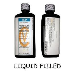 May include: Two black bottles of cough syrup with white labels. The labels read "Promethazine with Codeine Cough Syrup" and include the text "Bulk Container - Not for Household Use." The bottles are labeled "Liquid Filled."