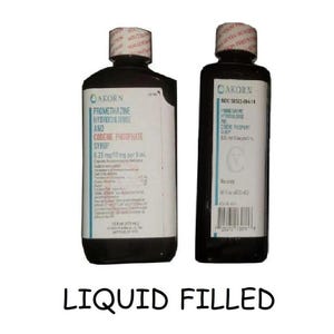 May include: Two dark brown bottles of liquid medicine with white labels. The labels include the text "PROMETHAZINE HYDROCHLORIDE AND CODEINE PHOSPHATE SYRUP". The bottles are labeled "LIQUID FILLED".