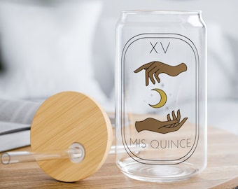 Tarot Card Inspired Quinceañera Sipper Cup for Planning Quince | Mis Quince XV Años | 16oz Glass Cup | Tarot Moon | Birthday Gift