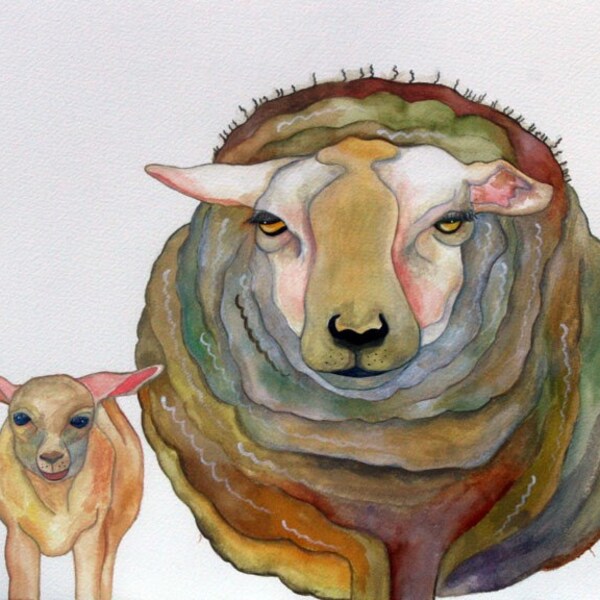 Mama and Bebe - Original Sheep Watercolor Painting 12 x 16 by HamJ