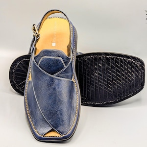 Blue Leather Handmade Peshawari Chappal Men Sandals Charsadda