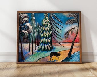 Pode incluir: Uma pintura que retrata uma cena de floresta nevada com um lobo solitário em primeiro plano. As árvores são pintadas em tons de verde, azul e branco, e o céu é azul profundo. O lobo é preto e caminha para a direita da pintura.