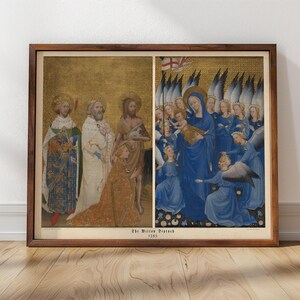 May include: A painting depicting a religious scene with a group of people in colorful robes. The painting is divided into two sections, with the left side showing a group of people in a golden background and the right side showing a group of people in a blue background. The painting is titled "The Wilton Diptych, 1395".