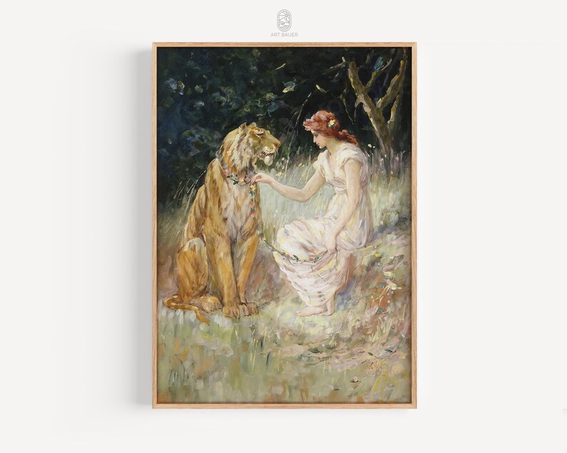 May include: A painting of a woman in a white dress sitting with a tiger in a forest setting. The woman is holding a flower and the tiger is looking at her.