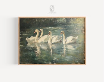 Elegant Swans | Pond Scene, Swan Painting, Gallery Print, Wildlife Decor, Nature Art Print, Rustic Home Decor, Wall Art | Gallery Print