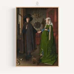 Puede incluir: Impresi&oacute;n enmarcada de una pintura renacentista. Una persona con sombrero negro y capa gesticula hacia una persona con un vestido verde. Un perro peque&ntilde;o est&aacute; sentado en el suelo. El fondo incluye una ventana, una l&aacute;mpara de ara&ntilde;a y una cortina roja.