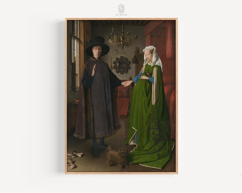 Puede incluir: Impresi&oacute;n enmarcada de una pintura renacentista. Una persona con sombrero negro y capa gesticula hacia una persona con un vestido verde. Un perro peque&ntilde;o est&aacute; sentado en el suelo. El fondo incluye una ventana, una l&aacute;mpara de ara&ntilde;a y una cortina roja.