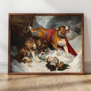 Alpine Mastiffs Reanimating a Distressed Traveler | Framed Print | Landseer, 1804 | Victorian Painting, Snowy Scene, Dog Art