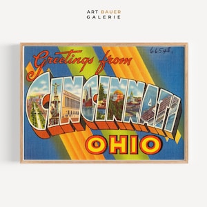 Saudações de Cincinnati | Década de 1930 | Arte de cartão postal de Cincinnati, arte de parede para decoração de casa | Impressão de galeria