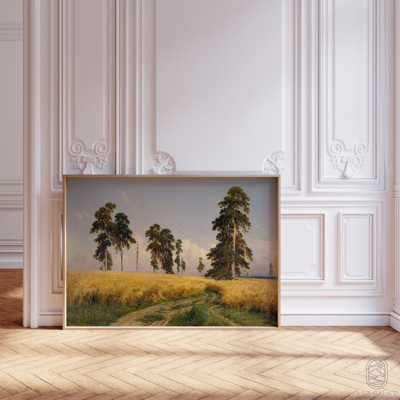 May include: A painting of a rural landscape with a dirt road leading through a field of golden wheat.  The sky is a pale blue with wispy clouds.  There are several tall trees on either side of the road.