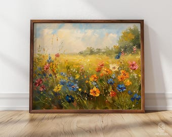 Fleurs épanouies dans le vent printanier | Impression encadrée | Paysage floral vibrant, art de prairie d'été, parfait pour une décoration lumineuse