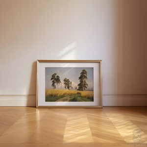 May include: A framed landscape painting depicting a field of golden wheat with a dirt path leading through it.  The painting features a group of tall, green trees in the background.