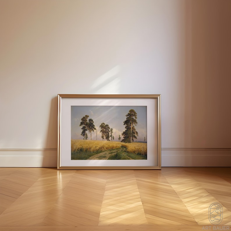 May include: A framed landscape painting depicting a field of golden wheat with a dirt path leading through it.  The painting features a group of tall, green trees in the background.