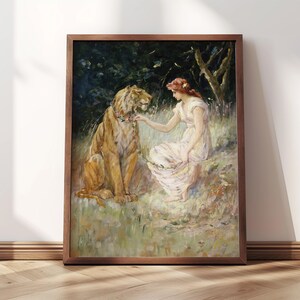 May include: A painting of a woman in a white dress sitting with a tiger in a forest setting. The woman is holding a flower in her hand and the tiger is looking at her.