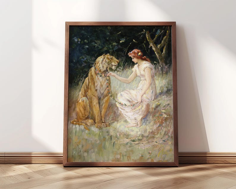 May include: A painting of a woman in a white dress sitting with a tiger in a forest setting. The woman is holding a flower in her hand and the tiger is looking at her.