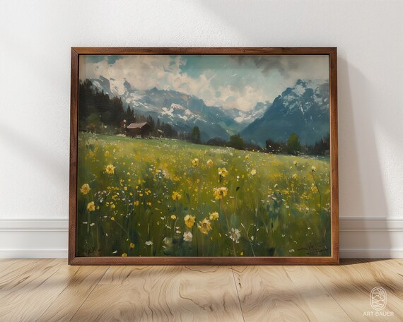 Alpine Mountain Landscape | Framed Print | Mountain Painting, Alpine Wall Art, Alpine Meadows, Swiss Alps Art