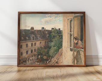 May include: A watercolor painting depicting a woman looking out of a window in a building. The building is surrounded by other buildings and trees. The woman is wearing a red and white dress and has her hair pulled back. The painting is framed in a brown wooden frame.