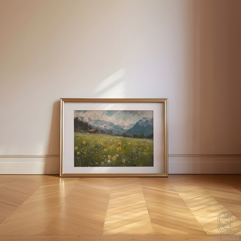 May include: A framed painting of a landscape with a mountain range in the background, a field of yellow wildflowers in the foreground, and a small house in the distance.