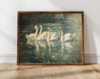 Elegant Swans | Framed Swan Poster, Wildlife Decor, Swan Painting, Rustic Home Decor, Framed Giclee Print