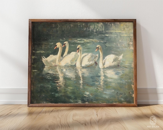 Elegant Swans | Framed Swan Poster, Wildlife Decor, Swan Painting, Rustic Home Decor, Framed Giclee Print