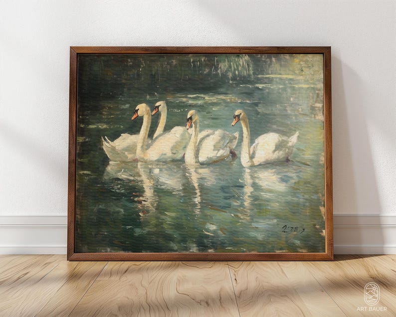 Eleganta svanar | Inramad svanposter, djurlivsdekor, svanmålning, rustik heminredning, inramat gicléetryck bild 1