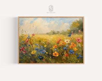 Fleurs épanouies dans le vent printanier | Paysage floral vibrant, oeuvre d'art de prairie d'été, parfait pour une décoration lumineuse | Impression galerie
