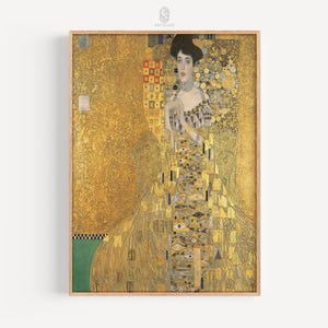 May include: A painting of a woman in a gold dress with a geometric pattern. The background is a gold and black abstract design.