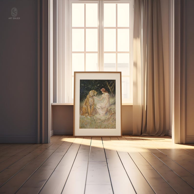 May include: A framed painting of a woman in a white dress sitting with a tiger in a forest setting. The painting is in a light wood frame and has a white mat.