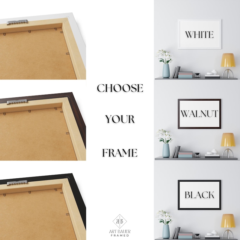 May include: Three framed prints showing different frame colors: white, walnut, and black. The text "Choose Your Frame" is displayed in the center of the image.