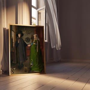 Puede incluir: Una pintura enmarcada que representa a dos figuras con vestimenta hist&oacute;rica, ambientada en una habitaci&oacute;n con una ventana y cortinas ondeantes. La pintura tiene un marco dorado y muestra a un hombre y una mujer. La habitaci&oacute;n tiene pisos de madera.