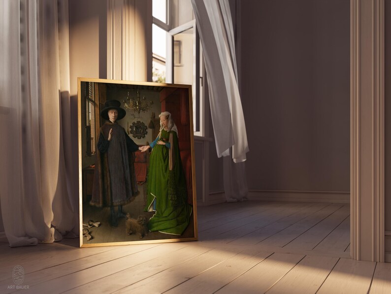 Puede incluir: Una pintura enmarcada que representa a dos figuras con vestimenta hist&oacute;rica, ambientada en una habitaci&oacute;n con una ventana y cortinas ondeantes. La pintura tiene un marco dorado y muestra a un hombre y una mujer. La habitaci&oacute;n tiene pisos de madera.