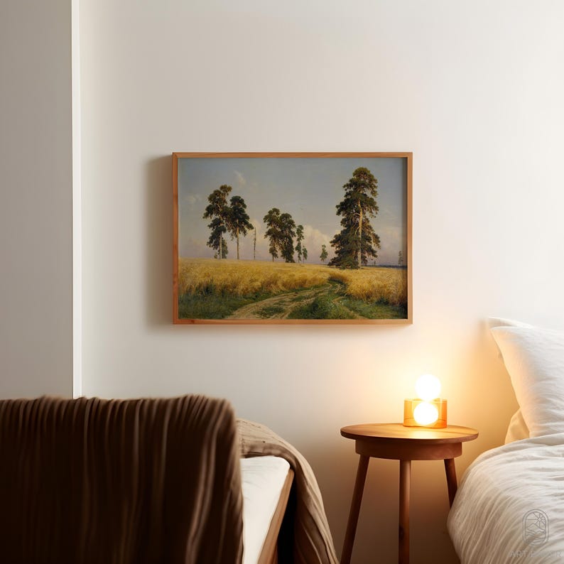 May include: A framed painting of a rural landscape with a dirt road leading through a field of golden wheat.  The painting features a group of tall trees in the background.