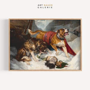 Alpine Mastiffs Reanimating a Distressed Traveler | Landseer, 1804 | Dog Art, Snowy Scene | Gallery Print