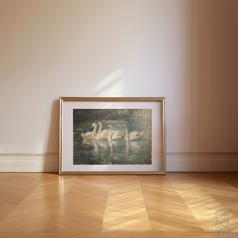 Eleganta svanar | Inramad svanposter, djurlivsdekor, svanmålning, rustik heminredning, inramat gicléetryck bild 3