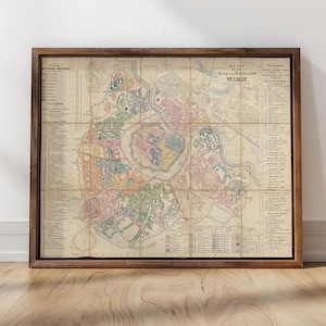 Planta do Mapa de Viena | 1857 | Impressão emoldurada | Arte do Mapa de Viena, Decoração de Casa Arte de Parede, Qualidade de Museu