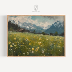 May include: A painting of a field of yellow wildflowers in the foreground with a small wooden cabin in the distance. The background features a mountain range with snow-capped peaks and a cloudy sky.