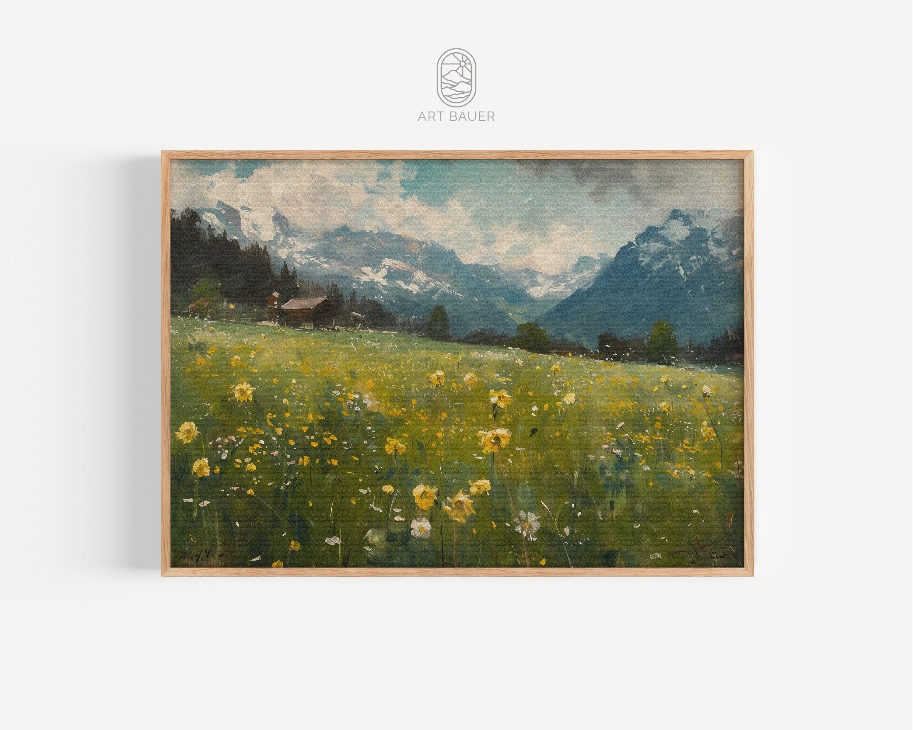 Vista sulle montagne alpine / Dipinto di montagna, Arte murale alpina, Prati alpini, Stampa delle Alpi svizzere, Stampa artistica / Stampa da galleria