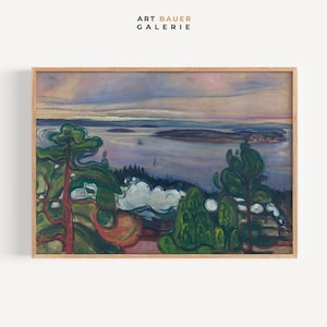 May include: Framed landscape painting with a wooden frame. The artwork depicts a coastal scene with green trees in the foreground, a body of water, and a cloudy sky. The text "ART BAUER GALERIE" is in the upper left corner.